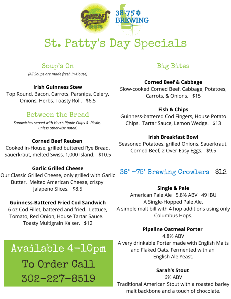 St Patty's Day Specials 2020 Dewey Beach Gary's Dewey Beach Grill